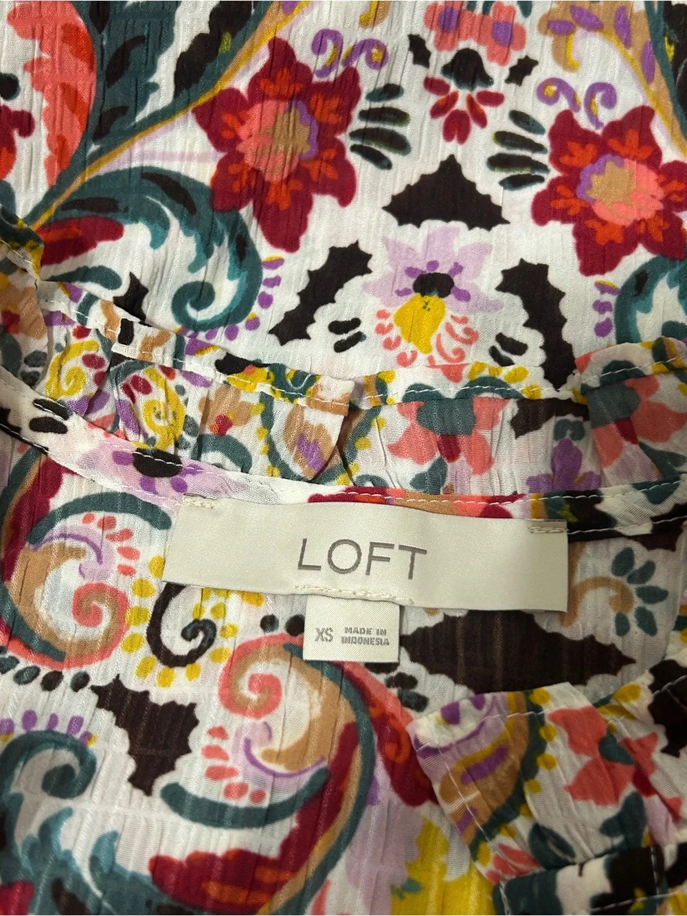 LOFT Women’s Floral Puff Sleeve Blouse Boho Ruffle Neck Size XS
